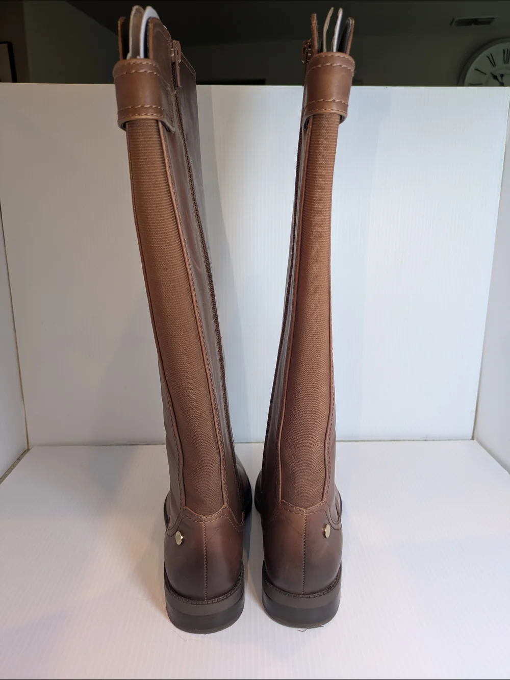 NWOB Preston & York Flannery Brown Tall Riding Boots Leather Stretch Back Size 7
